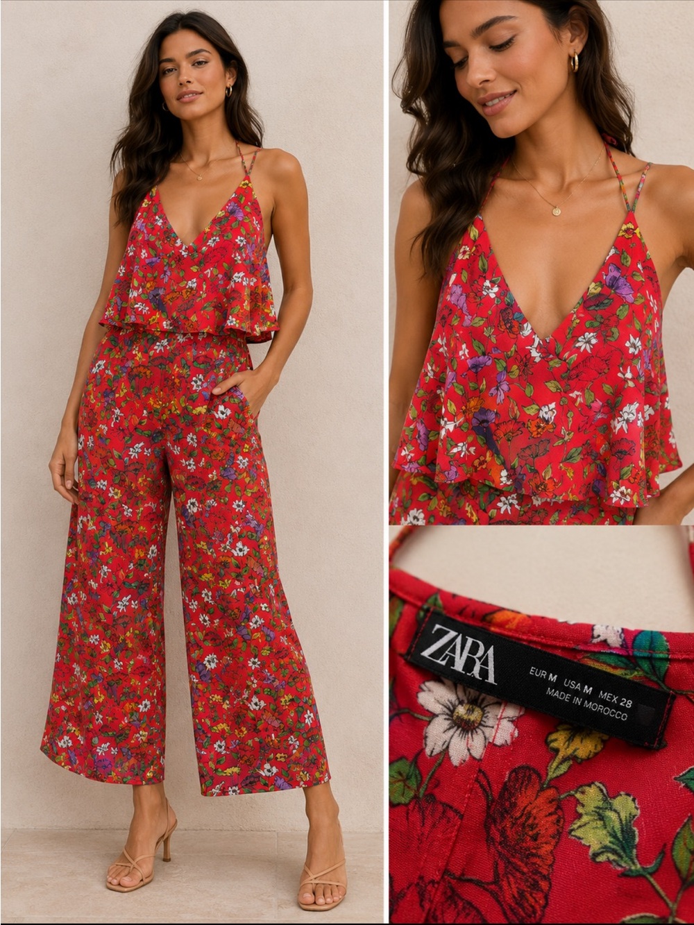 ZARA Red Floral V-Neck Wide-Leg Jumpsuit